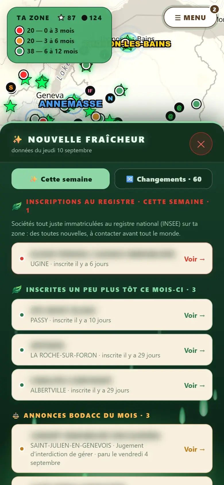 Panneau Nouveautés et changements de FreeWay : nouvelles inscriptions au registre, annonces BODACC et mouvements de la semaine