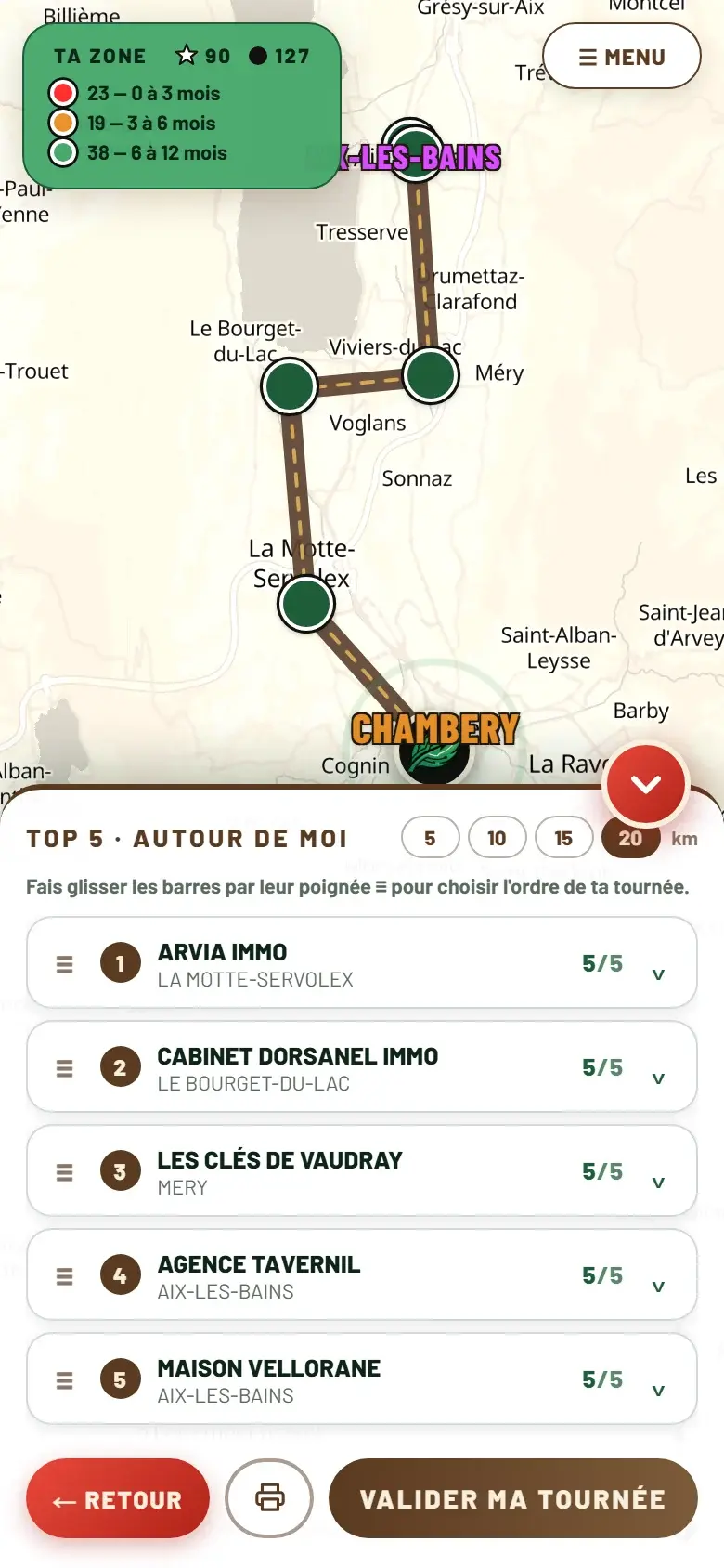 Top 5 autour de moi : cinq cibles, l'ordre se règle au doigt, puis Waze