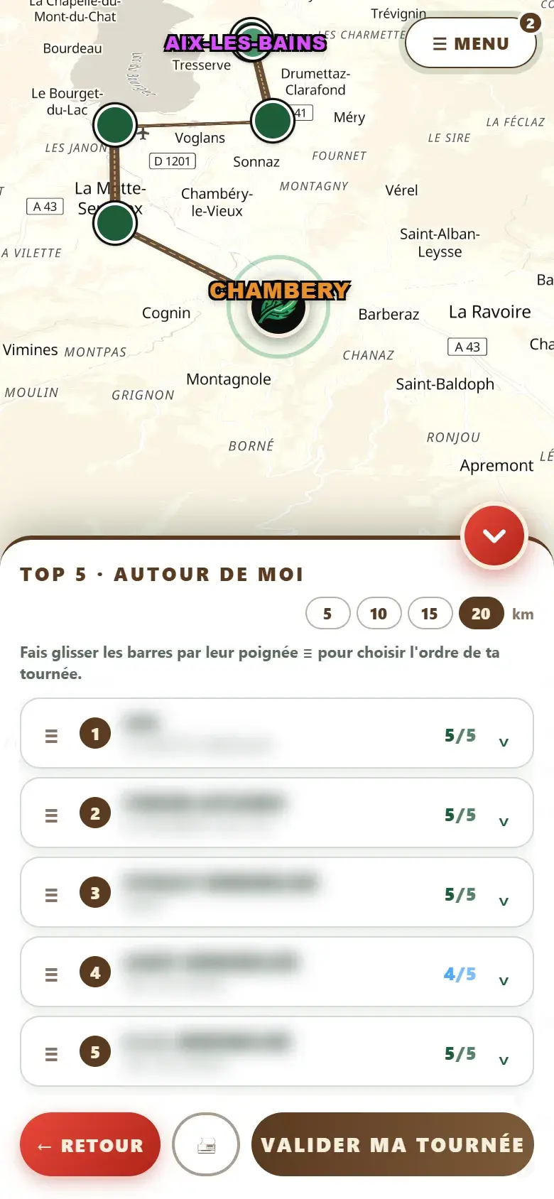 Tournée Top 5 de FreeWay : les 5 meilleures agences autour de vous reliées par un circuit, ordre réglable au doigt et enchaîné par Waze